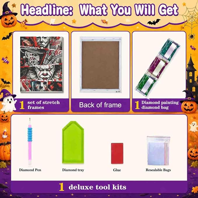 Horror Diamond Art Kits for Adults with Frame,Halloween Diamond Painting