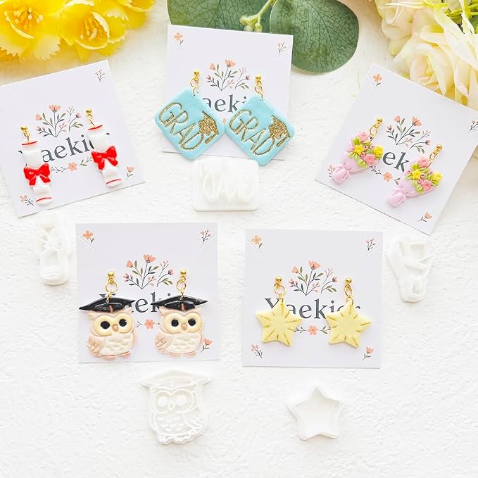 Graduation Polymer Clay Cutters & Stamp Set - 11pcs Sharp & Durable 2026, Owl, Cap, Gown, Diploma, Cake & Star Shapes for DIY Earring Jewelry Making, Soft Clay Crafts & Class Party Supplies