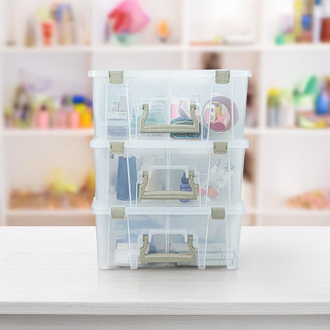 ArtBin 6990SO Super Satchel Double Deep with Removable Dividers, Large Portable Art & Craft Storage with Handle, Translucent/Gold