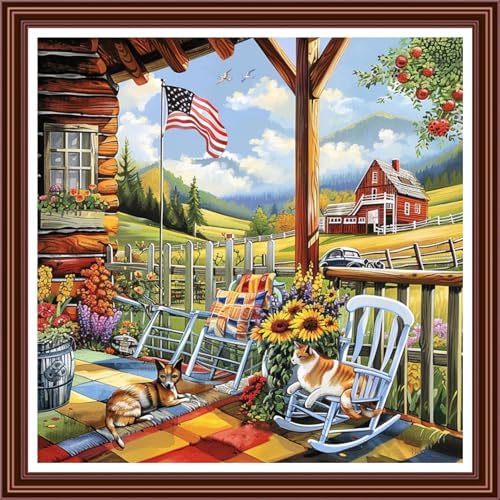 Dimensean Counted Cross Stitch Kit for Beginners, 11CT Unprinted Cross-Stitch Kit Easy Patterns Needlepoint Kit Cross Stitching Embroidery Kit Supplies-The Scenery Under the Eaves 18x18 inch