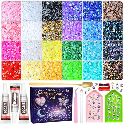 33000Pcs Bedazzling Kit, 24 Colors Resin Jelly Rhinestones 3mm Flatback Gems for Diamond Art, Crafting & Nail Art, Bedazzler Kit with 3Pcs B7000 Jewelry Glue and Multiple Tools