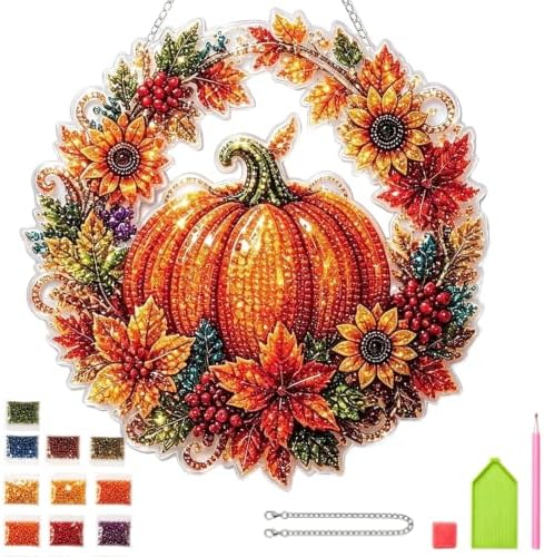 Silkivana Autumn Harvest Pumpkin Diamond Art Hanging Ornament Kit, DIY Acrylic Diamond Painting Hanging Sign for Window Wall Garden Home Fall Decor Handmade Craft Set
