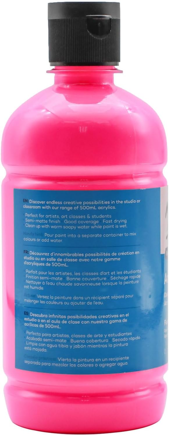 Mont Marte Signature Fluoro Pink Acrylic Paint, 16.9oz (500ml), Semi-Matte Finish, 12 Colors, Suitable for Canvas, Wood, Fabric, Leather, Cardboard, Paper, MDF and Crafts