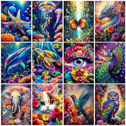 12 Pk Diamond Painting Kits for Adults,Bulk Diamond Art Kits Gem Art for Adults Multiple Pack,DIY Full Drill Animal Diamond Art Packs Bundles for Beginners, Home Wall Decor 12 x 16 Inch TYPE2