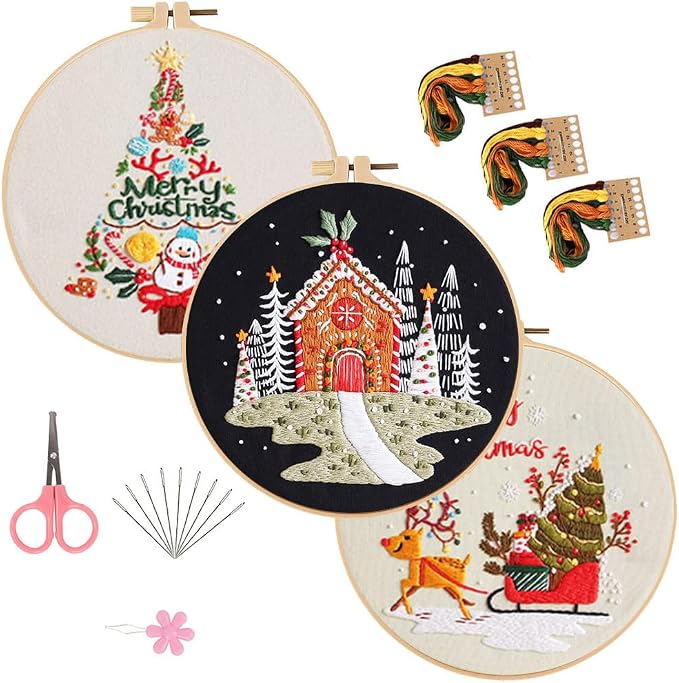 LB Christmas Embroidery Kit for Beginners Adults, 3 Sets Hand Embroidery Starter Kit with Snowman Pattern and Instructions Stamped Cross Stitch Kits Include Embroidery Hoop Needles Threads Scissors