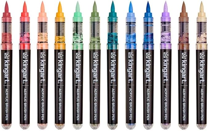 KINGART Acrylic Paint Markers Brush Tip, 12 Vintage Colors. Water-based, no-bleed, waterproof pens with automatic ink control for rock, egg, wood, fabric, glass & DIY crafts