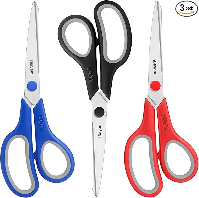 iBayam 8.5" Household Scissors All Purpose 3 Pack, Red Black Blue Scissors | Ultra Sharp 2.5mm Thick Blade Shears Comfort-Grip for Office Desk Sewing Fabric Home Craft School Supplies, Right/Left Handed