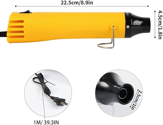 Heat Gun 300W, Handed Hot Air Gun for Crafting and DIY (Yellow) | 3.28FT Ultra-Long Cable Portable Heat Gun with Stand and Power Cord for Shrinking Wrapping PVC and Drying Paint