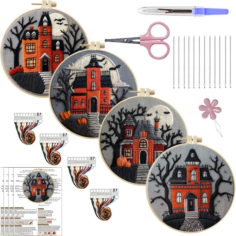 LB 4-Pack Halloween Castle Embroidery Kit for Beginners: Fall Pumpkin and Black Tree Bat Cross Stitch Kit | Adults DIY Starter Kit Includes Embroidery Hoop, Colorful Threads, Tools and Instructions