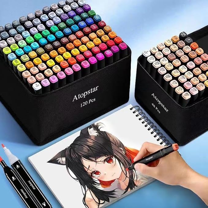 ATOPSTAR 120 Colors Alcohol Markers Artist Drawing Art Markers for Kids Dual Tip Markers for Adult Coloring Painting Supplies Perfect for Gift(120 Black Shell)