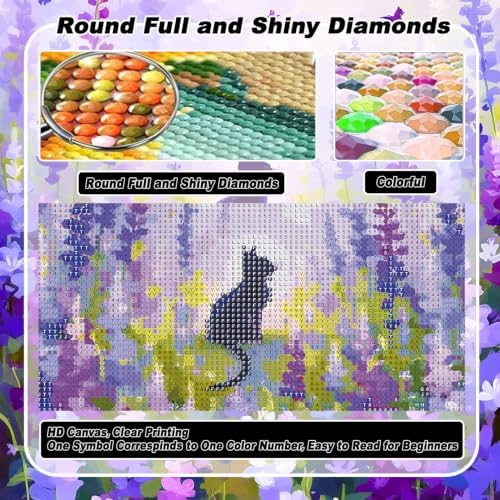 VeGuude Black Cat Diamond Art Kits for Adults,Lavender 5D DIY Full Round Drill Diamond Painting Kit,Landscape Scenery Diamond Art Gem Painting for Gift Home Wall Decor (12x16 inch)