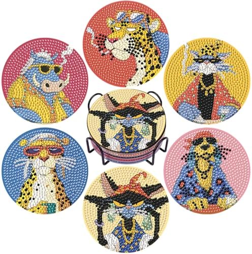 DOTSOPS 6 Pack Cat Diamond Painting Coasters Kits with Holder for Beginners