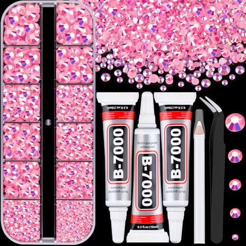 Resin Rhinestones for Crafting with 3Pcs 10ml B7000 Jewelry Glue, 1 Box Pink AB Flatback Gems Crystals Diamond for Bedazzling Crafts DIY Nail Art Makeup, Gems for Clothing Tumblers Shoes
