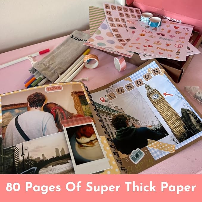 Scrapbook Kit - Large 80 Page Photo Album DIY Scrapbook - Holds 300+ Photos, With Metallic Pens, 200+ Stickers, Glue Pen, Washi Tapes, Backing Paper, Photo Corner Stickers (Starter Kit - 12 x 12 Inch)