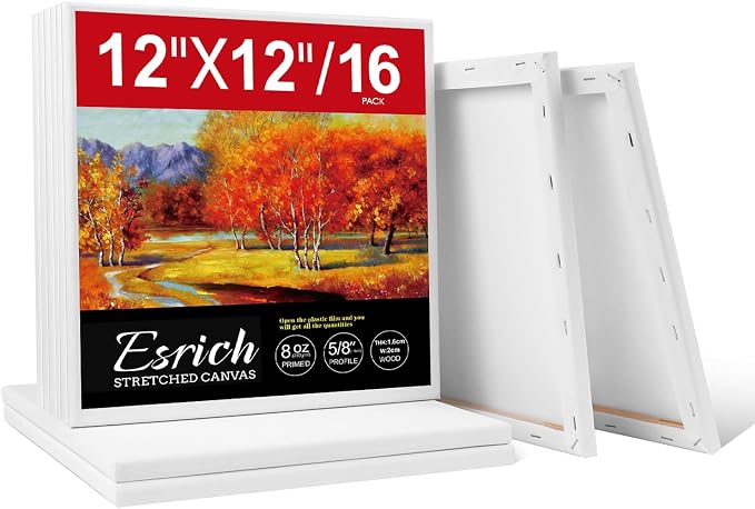 ESRICH Stretched Canvas for Painting 12x12 Inch, 16 Pack Painting Square Canvas Bulk-5/8 in Profile Primed Cotton White Blank Canvases for Painting for Oil & Acrylic Paint