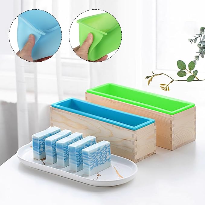 Geytetqi 6 Packs 42oz Soap Loaf Wood Box for Soap Making, Premium Silicone Loaf Soap Mollds with Wooden Box and Lid, Ideal for Large Size Homemade Soaps, Flexible and Heat Resistant(Green &Blue)