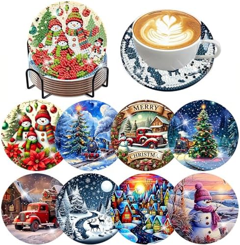 ijbnhd 8 PCS Christmas Diamond Art Coasters Kit Diamond Painting Coasters