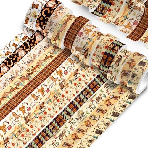 12 Rolls Western Washi Tape Masking Decorative Cowboy and Cowgirl Washi Tape for DIY Craft Gift Wrapping Handbook Sticker Scrapbook Journaling Party Favor