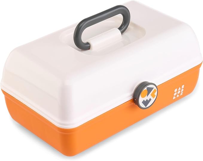Caboodles School Spirit On-The-Go Girl Makeup Box, White Over Orange, Hard Plastic Makeup Organizer Box, Built-In Mirror, Secure Latch for Safe Travel, Spacious Storage for Large Items