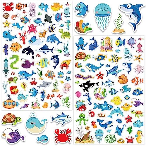 LINAYE 1480PCS Ocean Stickers for Kids, 24 Sheets, Vinyl, Waterproof Under The Sea Fish Animal Stickers for Ocean Sea Party Favors, Scrapbooking, Water Bottles