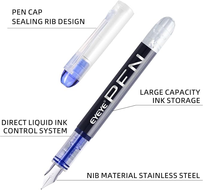 EYEYE Disposable Fountain Pens Fine Point, 8 Pack Blue Pens for Writing, Stainless Steel Nib, Smooth Writing for Journaling, Drafting, Sketching, Doodling & Office Supplies