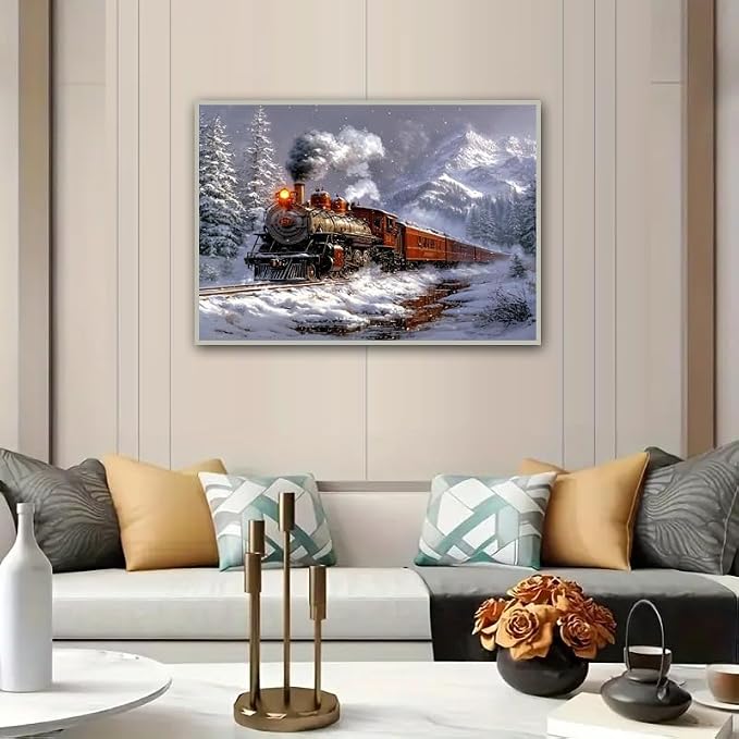 Train Paint by Numbers Kit for Adults,Winter Painting by Numbers,DIY Acrylic Paint Kit for Adults Beginners Without Frame,Easy Christmas Adult Paint by Number Kits on Canvas for Decor 16x20inch