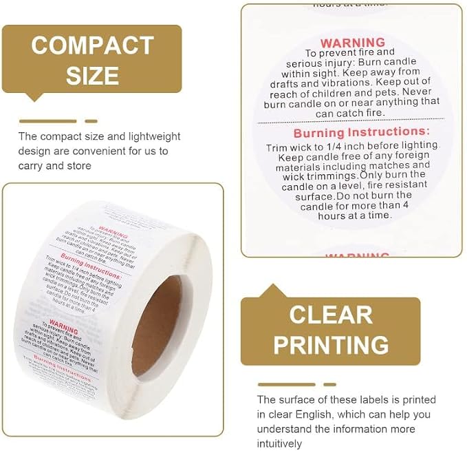 1000 Pcs Candle Warning Labels - Safety Stickers for Candle Making DIY Jars & Tins (White, 1.5 inch Round, For Jars/Tins)