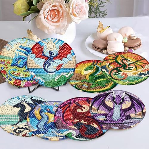 Zythron 8 Pack Diamond Art Coasters,Dragon Diamond Painting Coasters Kits