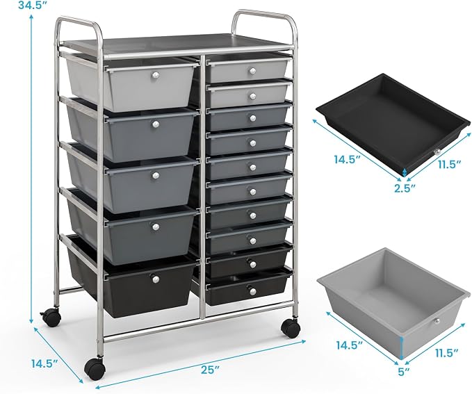 Giantex 15 Drawers Rolling Cart, Classroom Organizers, Storage Cart with Wheels, for Teacher Office Home School Supplies Tool Craft Art Paper