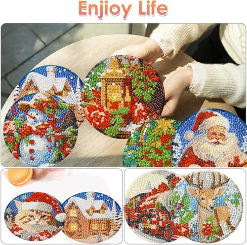 8 Pcs Christmas Diamond Painting Coasters Kits 4X4in (Cork Wooden Pad)
