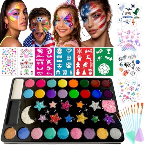 Face Painting Kit, Oil Based Body Paint Waterproof Sweatproof Non-Toxic Facepaint Palette with Brush, Stencil, Sponge, Gem, for Party Halloween 4th of July World Cup