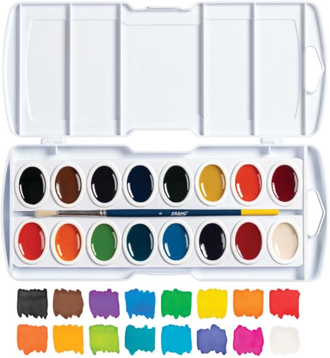 Prang Semi-Moist Watercolors 16-Color Oval Pan Set, Pack of 6 | Refillable, Wax-Free Pigments, Mixing Tray in Lid, Size 6 Paintbrush Included