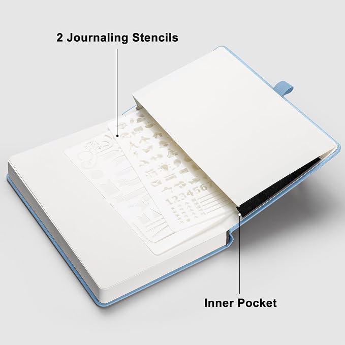 RETTACY Dotted Journal Notebook, 192 Pages, A5 Medium Size (5.7'' x 8.3'') | Leather Hardcover, 100 GSM Thick Paper, for Journaling, Planning, Tracking (Light Blue)