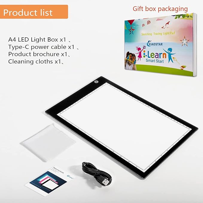 XIAOSTAR Light Box Drawing Pad, 12000 Lux LED Tracing Board A4, USB Powered (Not Rechargeable) PMMA Panel, Adjustable Brightness for Diamond Painting, Sketching, Animation, X-Ray–Includes Accessories | for Artists,Animation Drawing,Sketching,Animation,...
