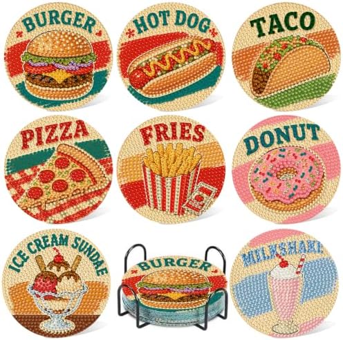 CRZMODE 8 Pcs Burger Diamond Art Coasters Kits, Diamond Painting Coasters with Holder Set of 8, DIY Burger Art Crafts Supplies for Adults Cup Mat House Warming Gifts Non-Slip