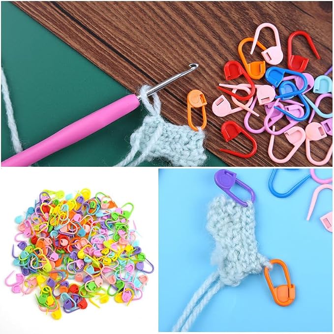 Ubuymart Crochet Ring 5 Pack Knitting Crochet Ring for Finger, with 50pcs(Color Ship Randomly) Knitting Crochet Locking Stitch Markers, Adjustable Crochet Stuff Ring Crochet Accessories- Multicolor