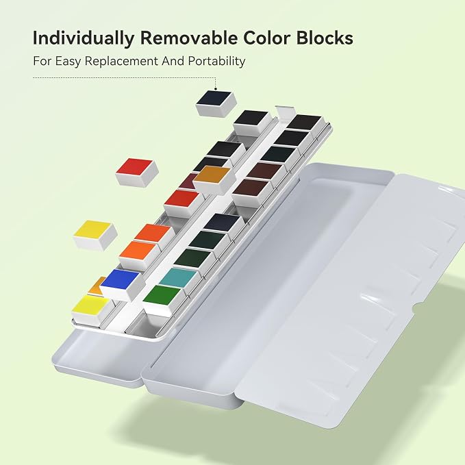 24 Colors Solid Watercolor Paint Set, Vibrant and Highly Pigmented Colors, Removable Pans and Built-in Palette, Portable Metal Case for Students, Beginners, and Outdoor Sketching