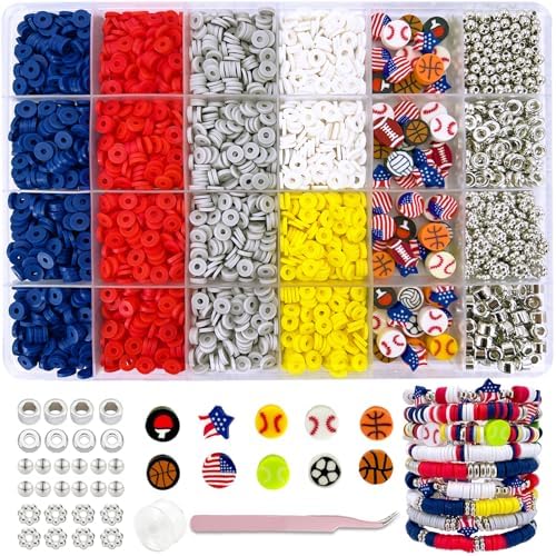 MIIIM Sports Clay Beads Kit for Bracelets Making, Football Heishi Beads, 4th of July Beads Clay Charms and Silver Spacers for Jewelry Making, Friendship Bracelet Kit for Crafts, Concert, Raves