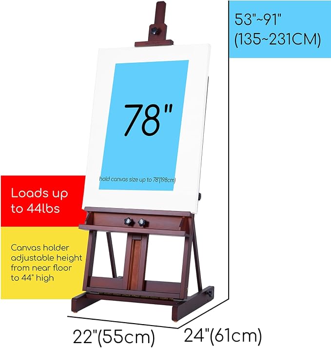 MEEDEN Art Painting Easel, Beech Wood Studio Easel 53" to 91"H, Holds Canvas to 78", Large Professional H-Frame Easel Stand with Storage Tray, Adjustable Floor Easel for Artists & Adults, Deep Walnut