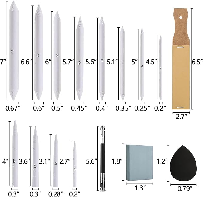 43 PCS Blending Stumps and Tortillions Paper Art Blenders Sketch Drawing | Sketch Wipe Scrapers,Rub Sponge,Kneaded Eraser,Sandpaper Sharpeners,Pencil Extension,Replacement Heads ,Washable Reusable