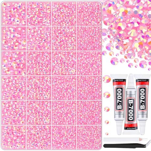 30000Pcs Light Pink AB Rhinestones for Bedazzling with B7000 Jewelry Glue, Bedazzler Kit Bulk Flatback Gems, Resin Rhinestones for Crafting Crafts Clothing Shoes Nail Art Assorted Size 2/3/4/5/6mm