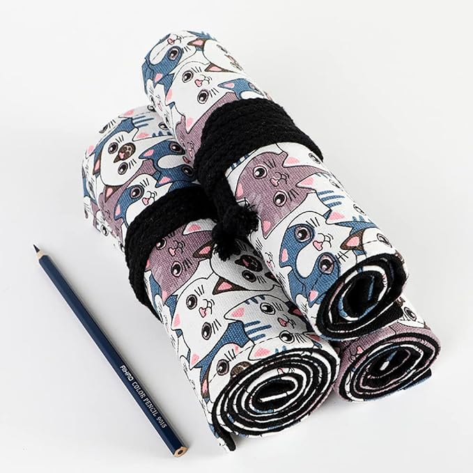 DIYOMR 24/36/72 Slots Pencil Wrap Pencil Rolls, Artist Colored Pencils Roll Up Bag Short Brushes Pouch Case Pencils Organizer for Drawing Coloring and Sketching,No Pencils (Big Headed Cat, 72slots)