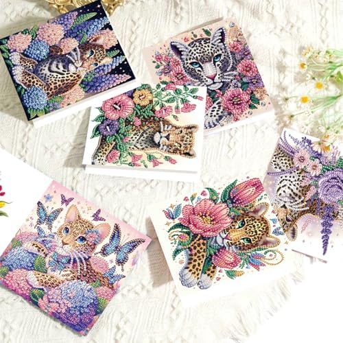 LazyFold 6 Pcs Diamond Art Painting Greeting Cards Kits, DIY Flowers and Animals Handmade Festival Greeting Cards with Envelopes Diamond Art Crafts Birthday Cards Creative Gift