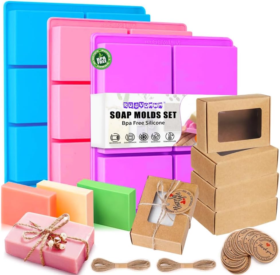 Silicone Soap Molds Set of 3, with 10 Soap Boxes for Homemade Soap,DIY Rectangle Soap Molds for Soap Making, 6 Cavity Mold for Craft Soap Mold, Chocolate & Ice Cube Trays(Blue, Purple & Pink)