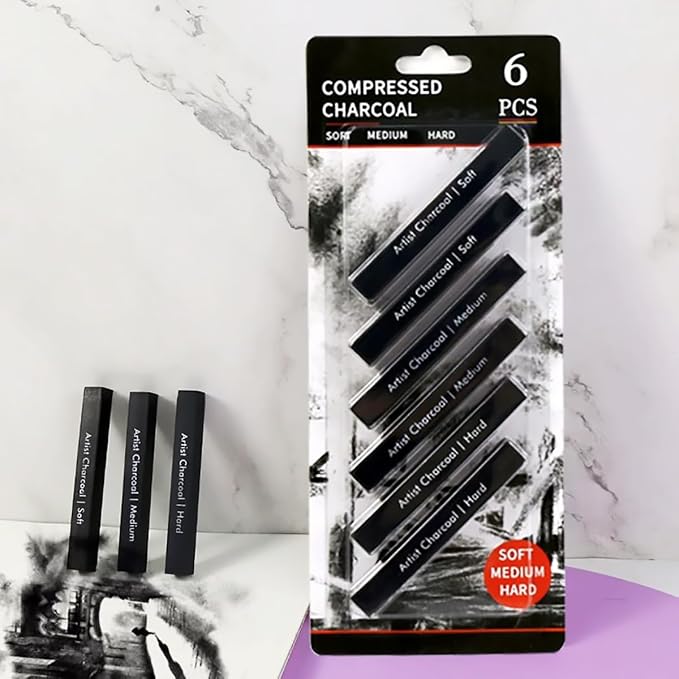 Compressed Charcoal Sticks 6 PCS, Kneaded Rubber Erasers Large Size 2 Pack, Square Vine Charcoal Rod Set of 8 for Back to School DIY Drawing Crafts, Sketching, Shading, Beginners and Artists