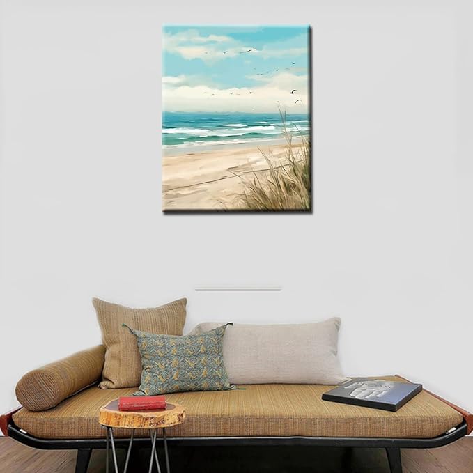 Seaside Beach Paint by Numbers Kits 16x20 inch Canvas DIY Oil Painting for Kids, Students, Adults Beginner with Brushes and Acrylic Pigment Beach Scenery Landscape Decor Photo Gift(without Frame)