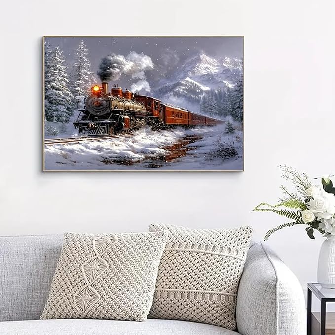 Train Paint by Numbers Kit for Adults,Winter Painting by Numbers,DIY Acrylic Paint Kit for Adults Beginners Without Frame,Easy Christmas Adult Paint by Number Kits on Canvas for Decor 16x20inch