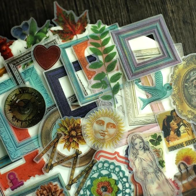 CATaireen Vintage Junk Journal Ephemera Scrapbooking Supplies Translucent Vellum Paper Stickers Card Making Decal Art Aesthetic for Adults (Character Frame Art)