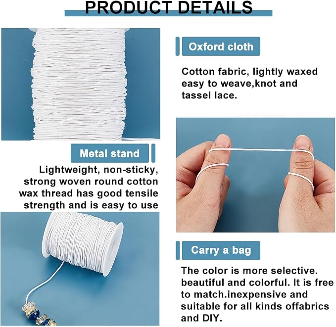 PH PandaHall 100 Yards 1mm Waxed Cotton Cord, White Waxed String Wax Thread Beading Cord Bracelet Rope Jewelry Cords for Necklace Making Crafting Beading Wrapping Braiding Macrame