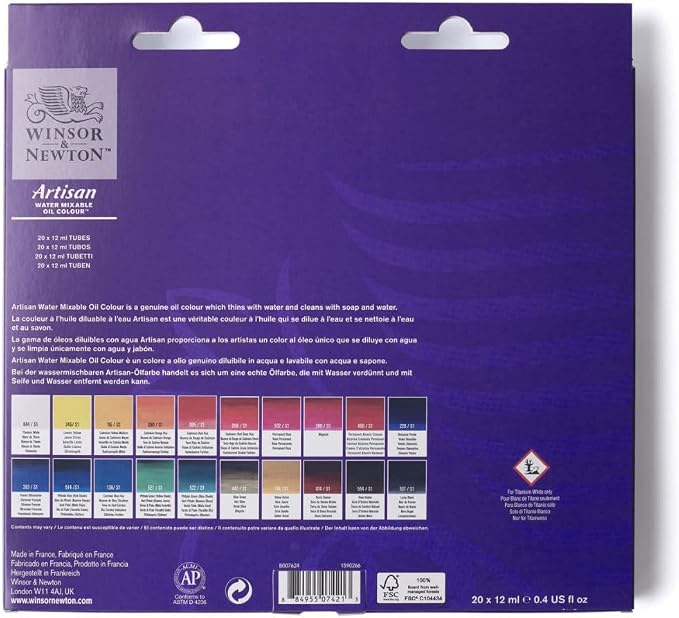 Winsor & Newton Artisan Water Mixable Oil Paint Set, 20 x 10ml Tubes | Clean with water; no solvents needed. Color depth, lightfastness, opacity/transparency are the same as traditional oils.
